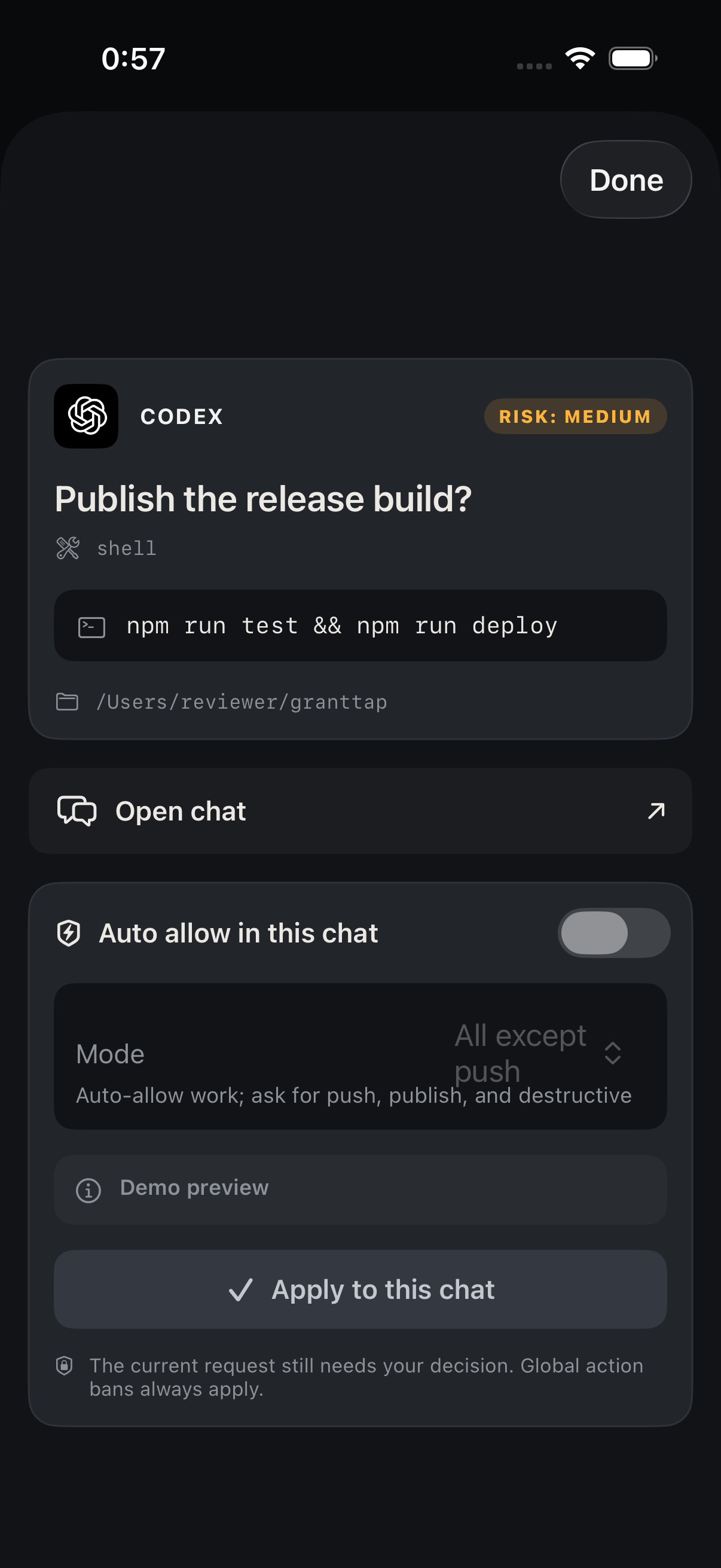 Подтверждение: команда и Auto allow для чата