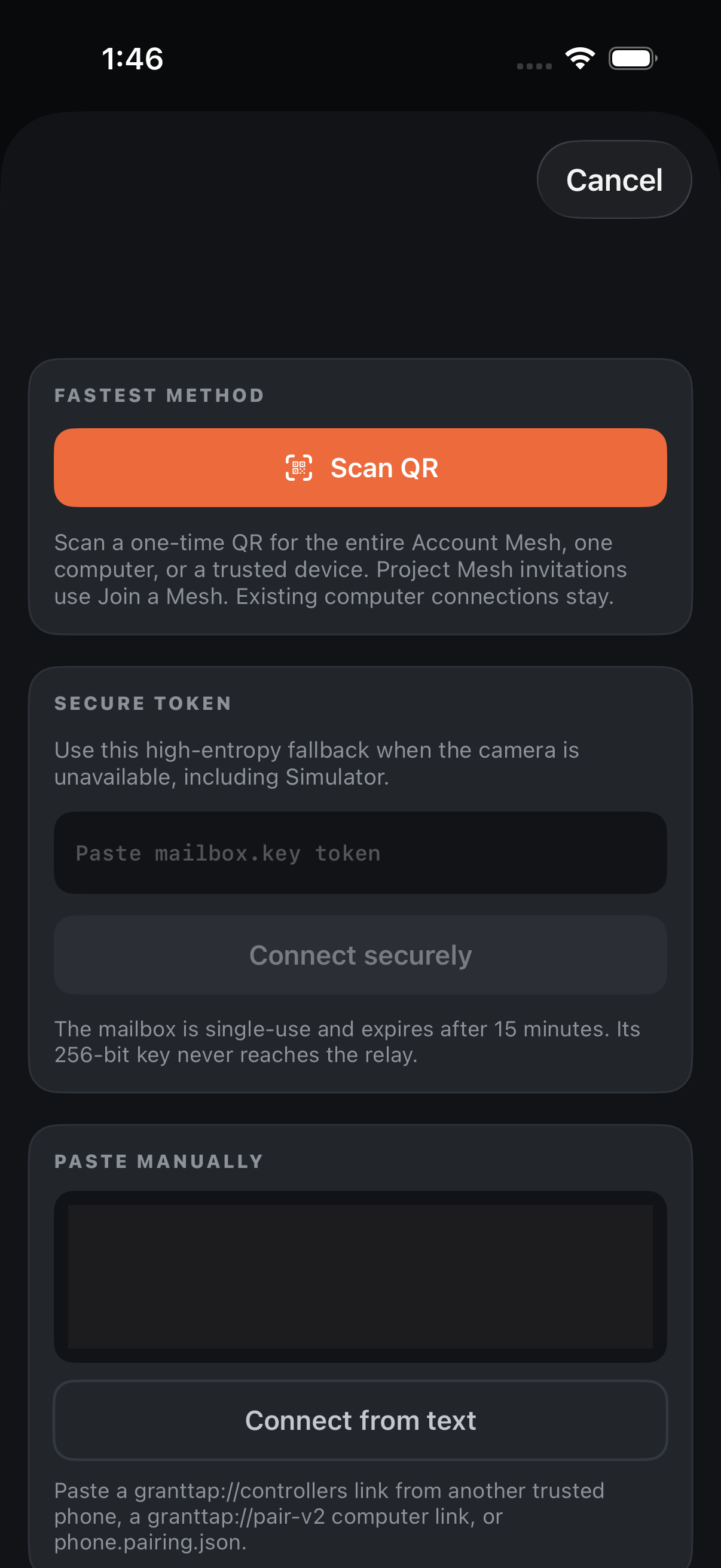 Добавить устройство: Scan QR и защищённый ввод