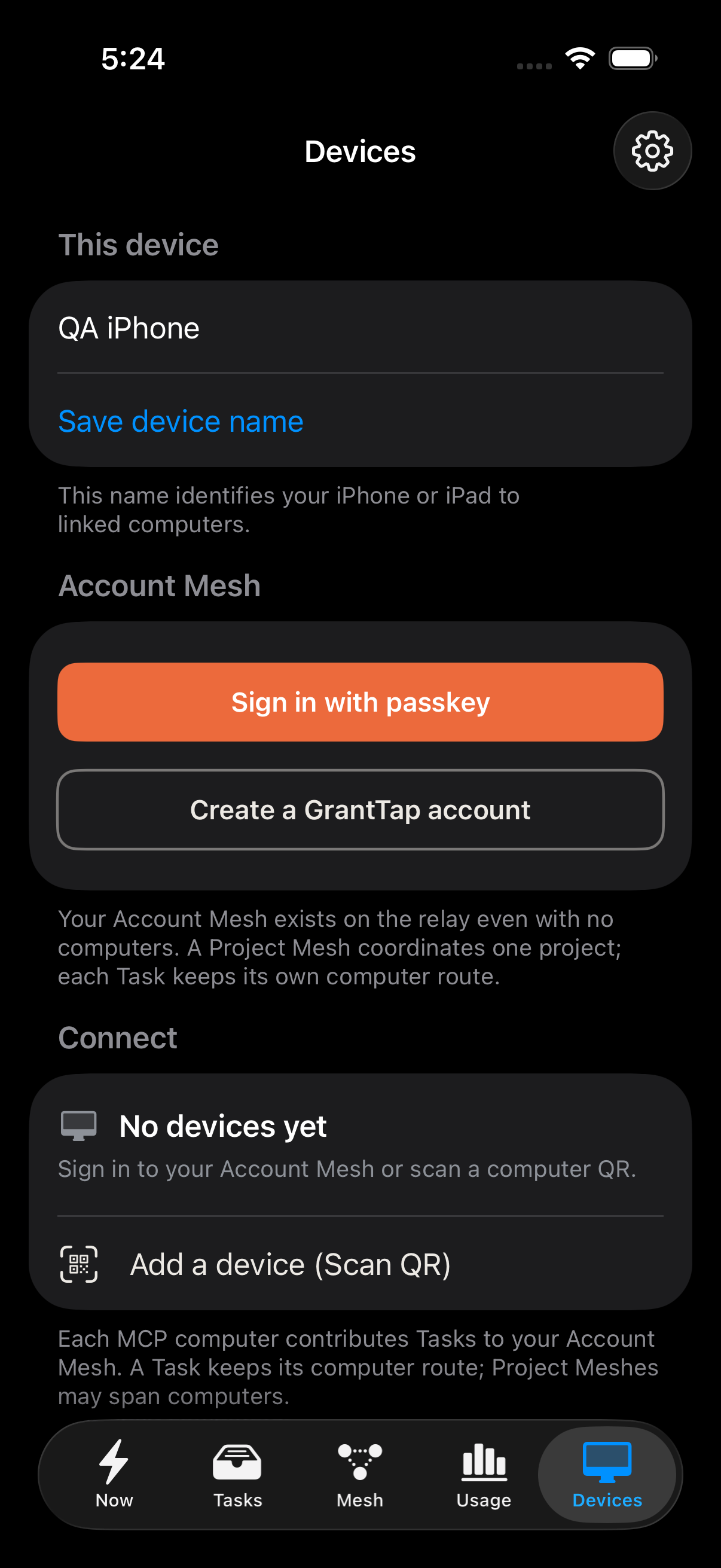 Devices: account passkey and direct QR are separate choices. Current app with a sample device name and no account credentials.
