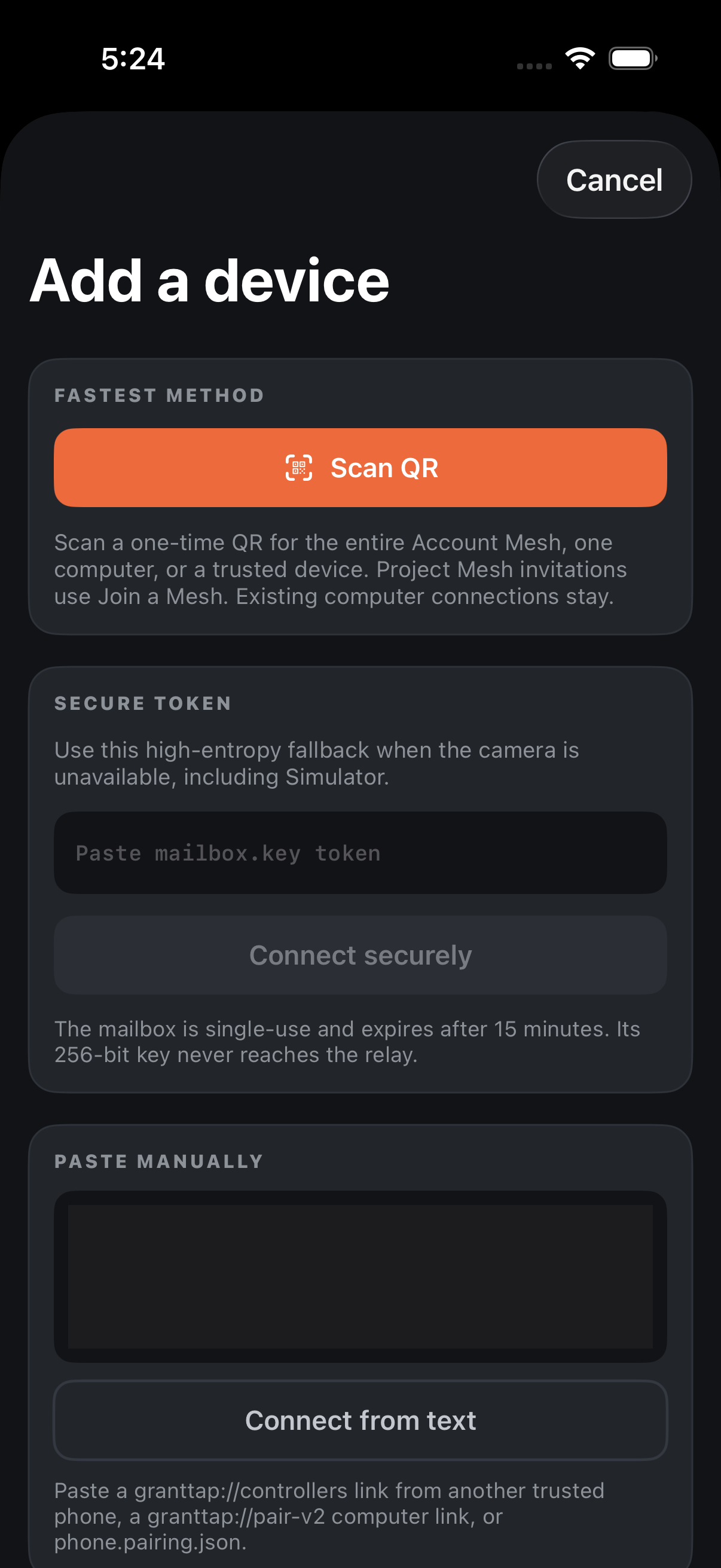 Add a device: scan a one-time invitation or use its secure text fallback. Empty setup screen; no live QR or token is shown.