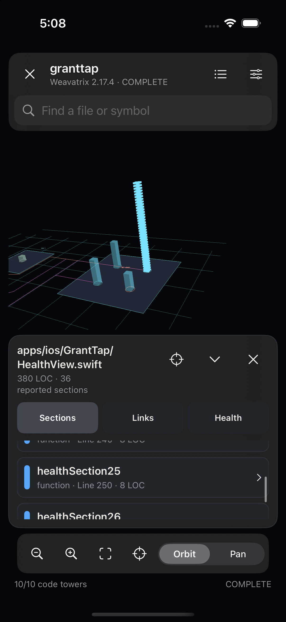 The native code city keeps the camera and a scrollable inventory of 36 labelled source sections together. Sections, Links and Health inspect the same received report. Simulator capture with deterministic sample data; the token benchmark was measured separately through the actual Engine.