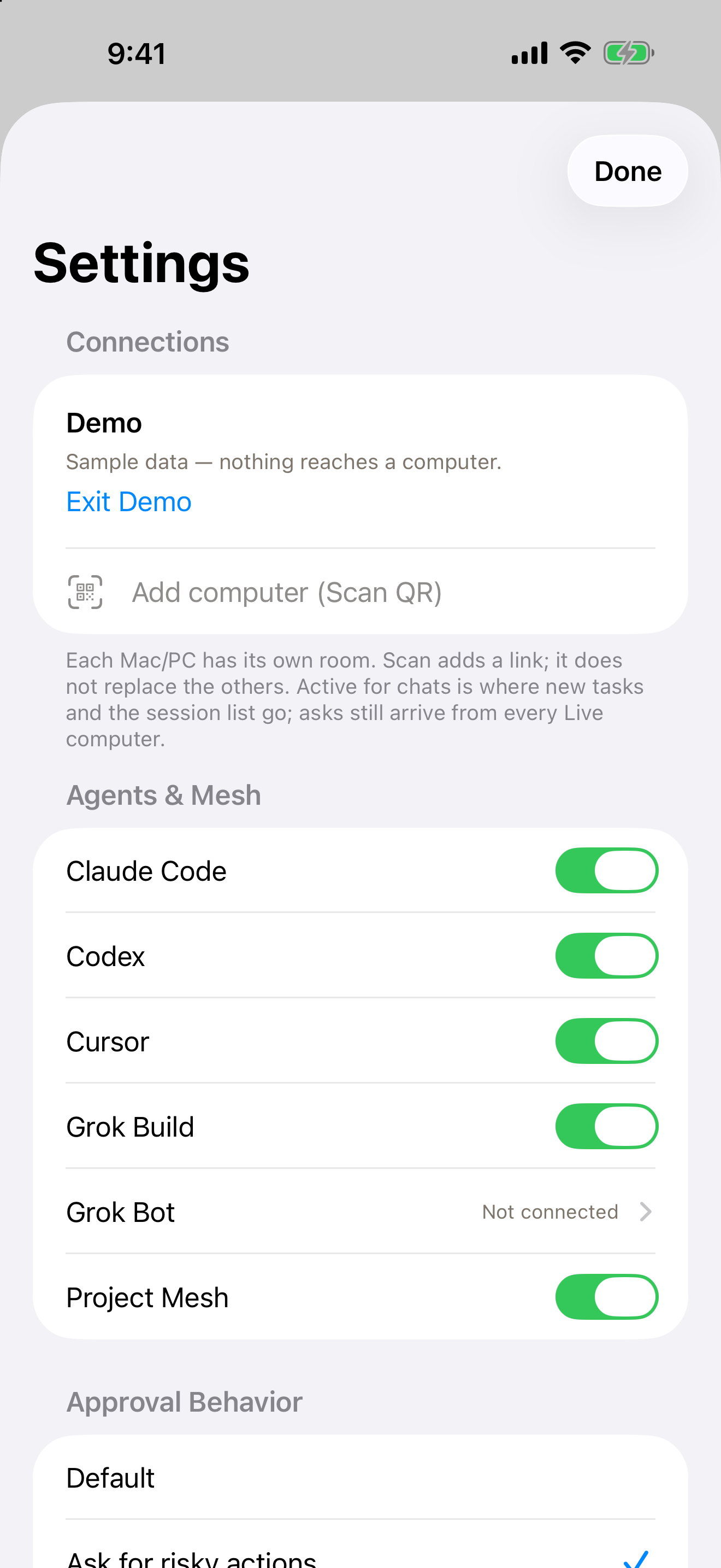 GrantTap Settings in demo mode. The Scan QR action belongs to Connections; the image contains sample data.